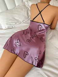 Heart Print Spaghetti Strap Sleep Dress - Casual Round Neck Nightdress - S (PURPLE)