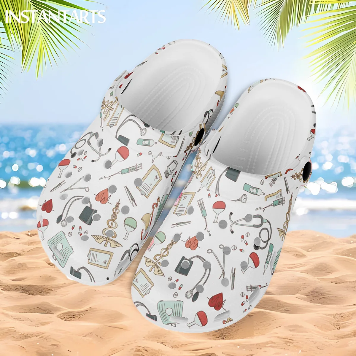 

INSTANTARTS Lightweight Nurse Clogs Outdoor Slippers Women Medical Tool Print Casual Garden Sandals Men Summer Beach Hole Shoes