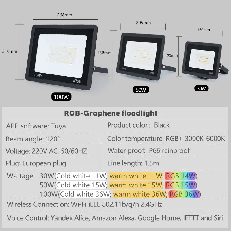 Reflector inteligente con Control por voz para iluminación exterior, reflector RGB con aplicación TUYA, RGBCW, CCT, 3000-6500K, 30W, 50W, 100W, 220V AC, para fiestas en el jardín