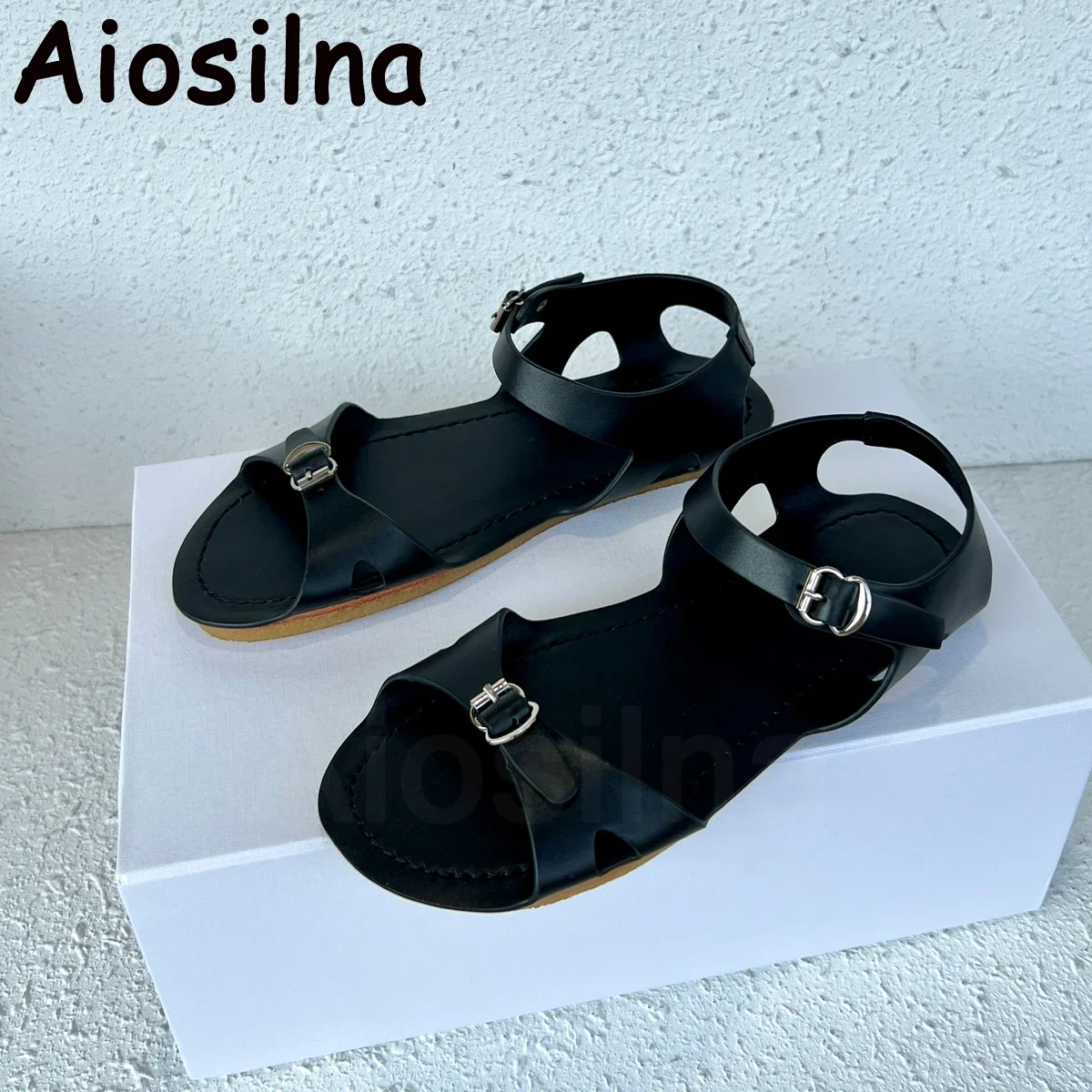 

genuine leather Sandals Toe Wrap One-Line Buckle Women's Shoes Back Strap Flat with Summer Casual Ladies Fashion Roman Sandals