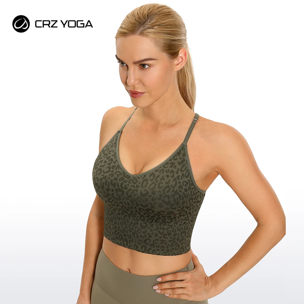 CRZ YOGA Women's V neck Seamless Ribbed Sports Bra Adjustable Straps