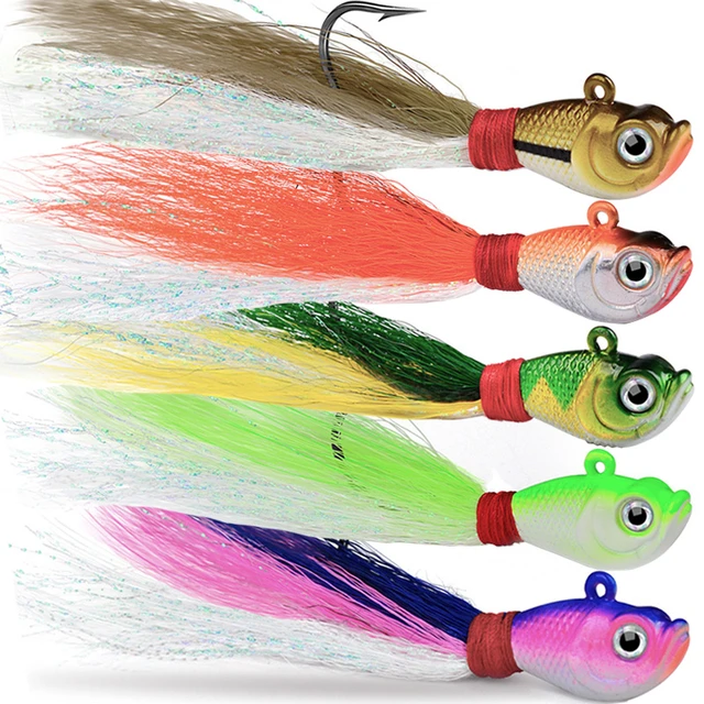 Lot 5pcs Bucktail Jigs Head Fishing Lure Striper Fluke Bass Trout