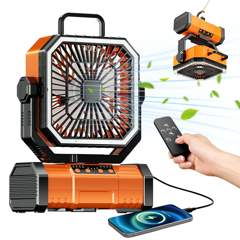 Ventola per tenda – 22,9 cm ventilatore a batteria per campeggio – 20000 mAh 60 ore ventilatore portatile ricaricabile per tenda, ventilatore da campeggio con luce, telecomando, 4 velocità, 4 tempi
