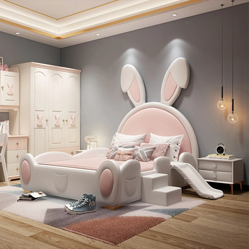 

Customized rabbit children's bed girl's princess with guardrail slide cartoon simple leather bed