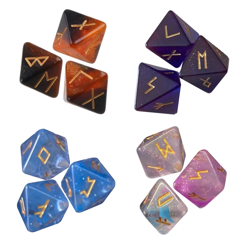 3 Pcs 8-Sided Rune Dice Resin Assorted Polyhedral Dice Set Divination Game Toys 