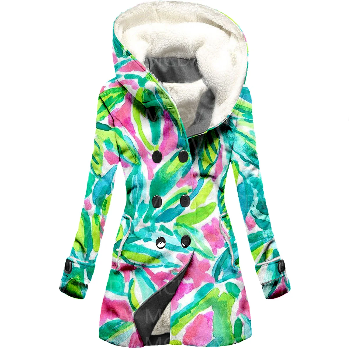 Colorful Graffiti 3D Printing Fleece Hooded Cloak Women Thick Warm Coat Women's Winter Warm Overcoat