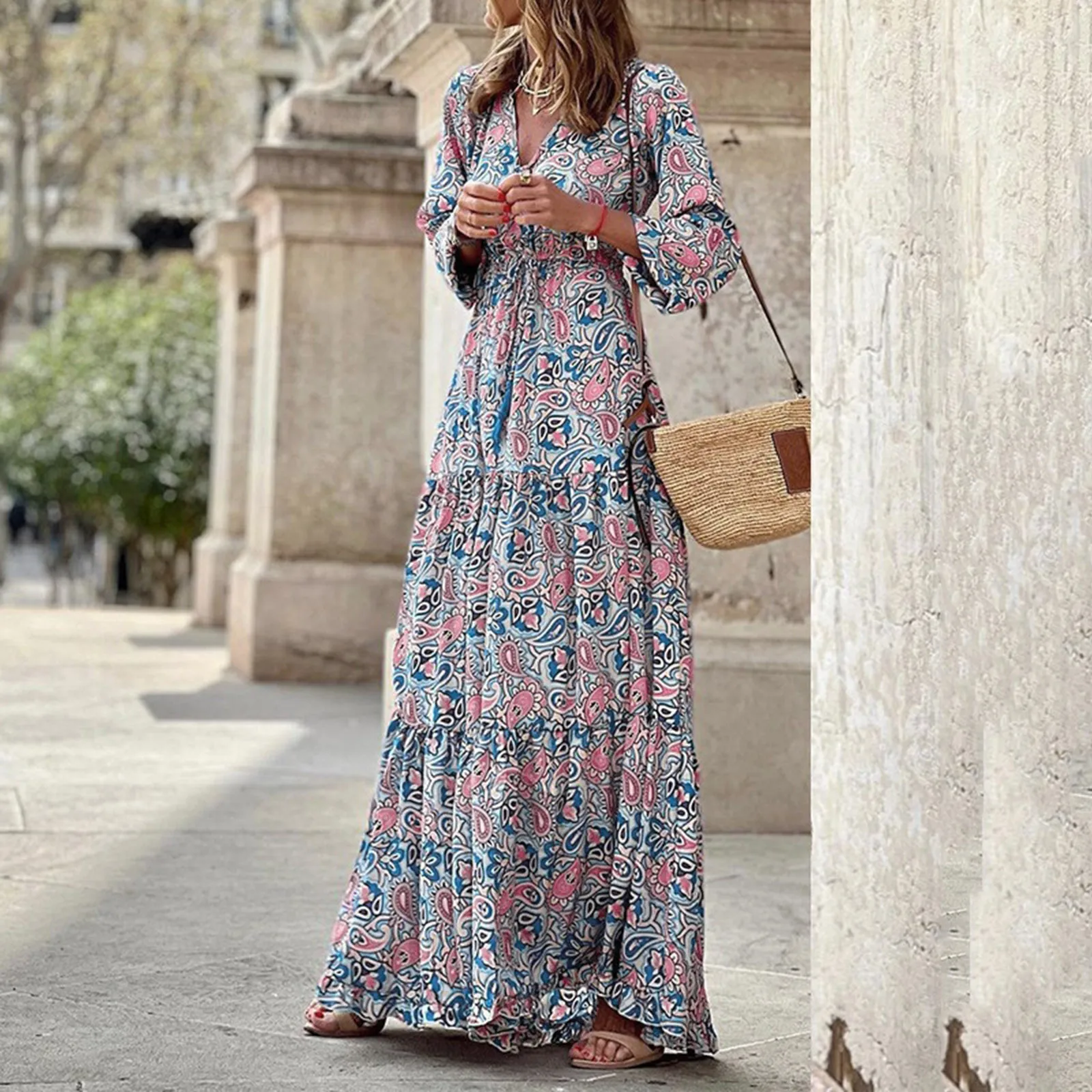 

Women Fashion Print V Neck Pocket Dress Tunic Tie Long Sleeve Casual Dress