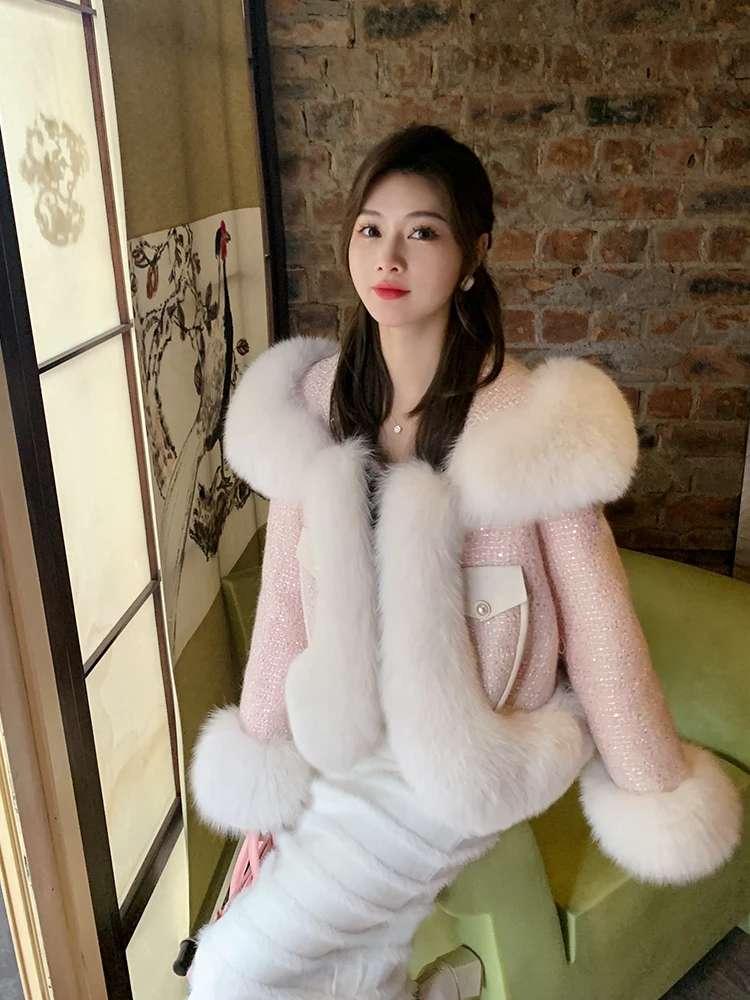 

2023 Korean style female sweet woolen jacket with real fox fur collar fashion sequins tweed short fur coat casaco de pele femini