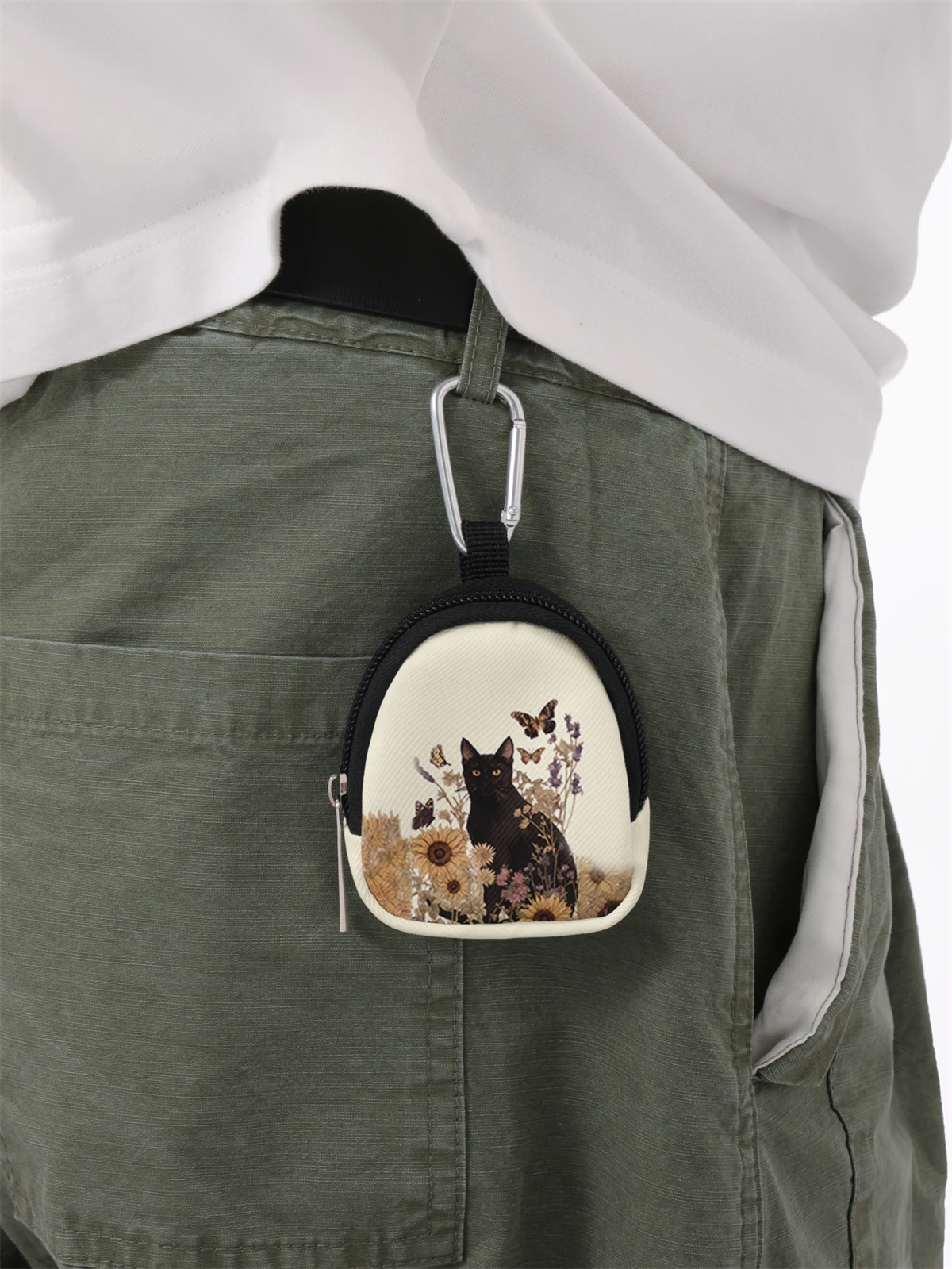 Black cat pattern printed mini wallet, zipper change bag with hook clip, headphone key bag, suitable for men and women