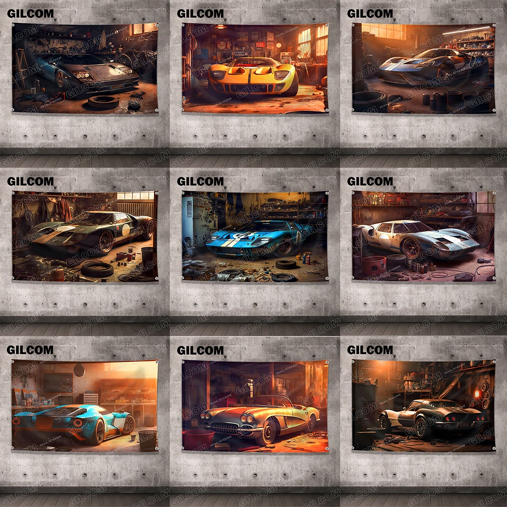 Retro Old Car Flag Garage Vintage Racing Poster Pubblicizza Banner Outdoor Pub Home Club Stampa Digitale Arazzo Passacavo In Ottone