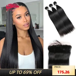 Ali Queen Hair Straight Hair Bundles Human Hair With Frontal 13x4 Peruvian Remy Hair Bundles With Closure Frontal Women Wigs
