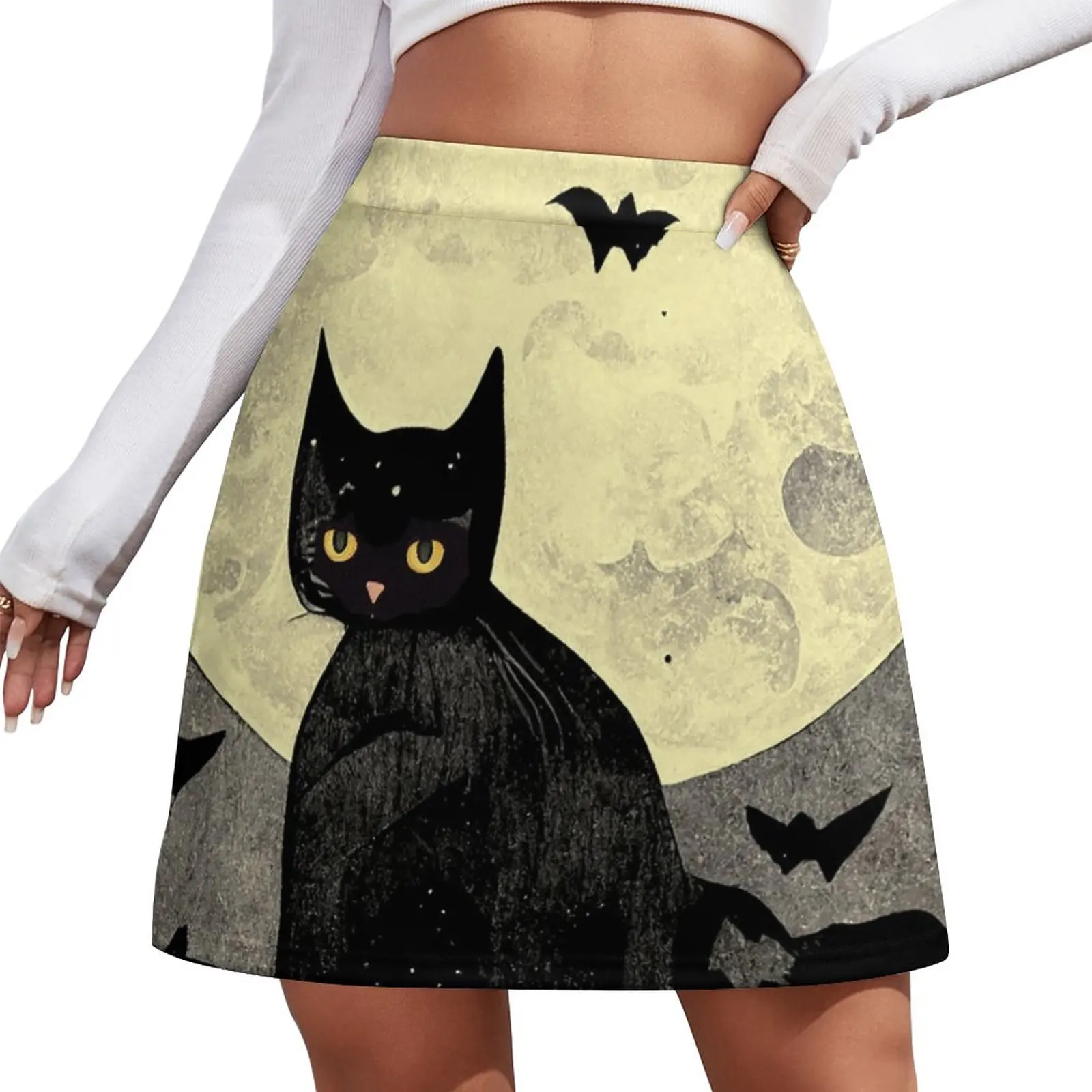 

Halloween black cat in moonlight Mini Skirt School uniform mini denim skirt