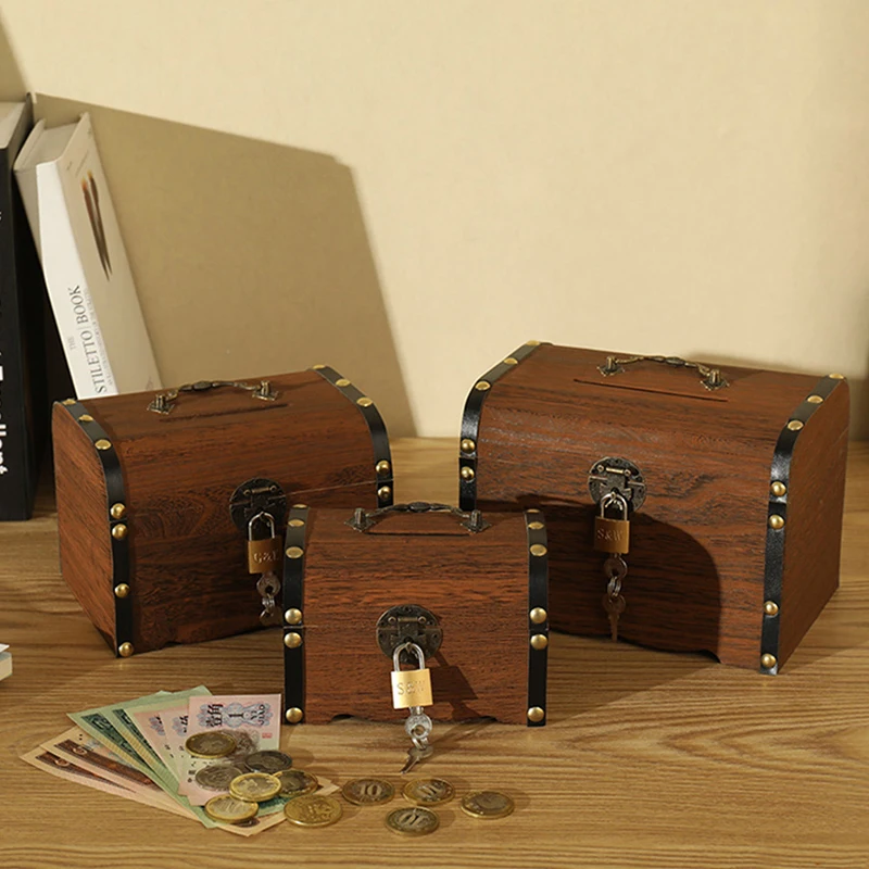 Wooden Retro Treasure Chest Piggy Bank Decorative Box With Lock, Coin, Banknote Storage Box Safe Money Box Gift 5