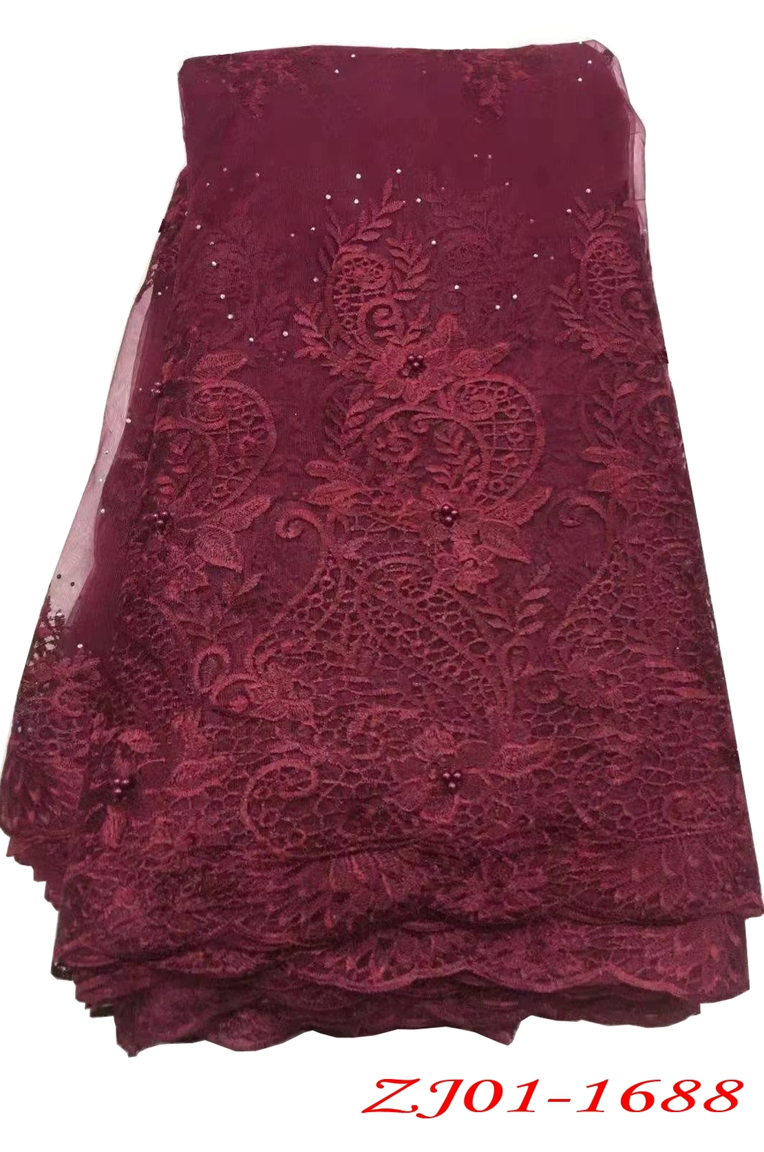 

African Beaded Lace Fabric 2021 High Quality Lace Material Wine French Lace Fabric Nigerian Tulle Mesh Lace Fabrics ZJ1682