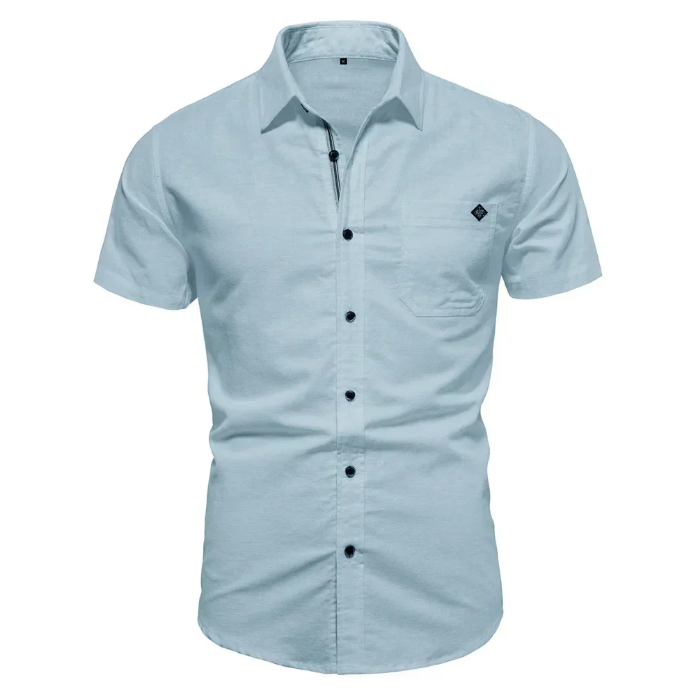 

Рубашка мужская с коротким рукавом, однотонная сорочка из 100% хлопка с одним карманом, лето