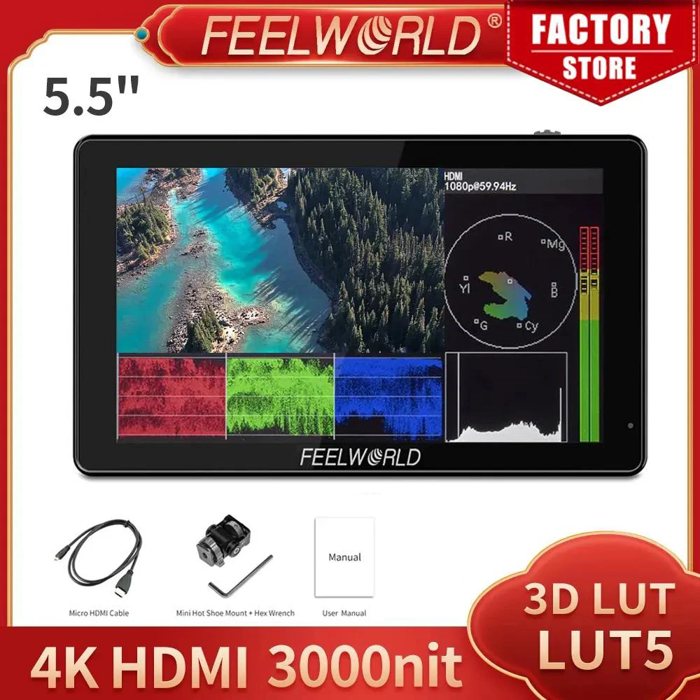 Feelworld LUT5 5.5 Inch 3000nit On Camera Monitor 4K HDMI-compatible IPS Panel 3D LUT Touch Screen DSLR Field Monitor