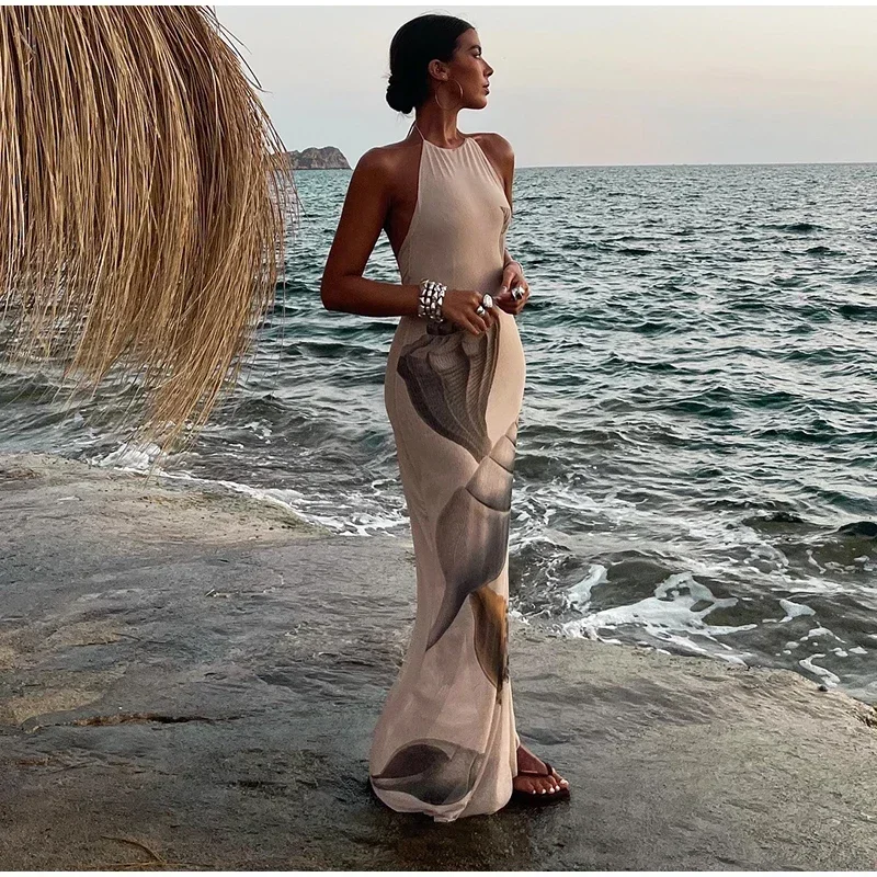 Vestidos largos de tul con espalda descubierta y estampados para mujer, vestidos de fiesta sin mangas con cuello halter y cordones, moda 2025, batas ajustadas para vacaciones en la playa.