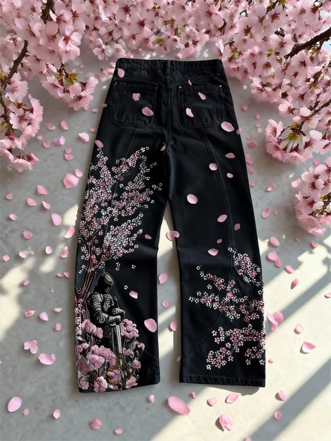 Y2k Vintage Baggy Fallen Knight Cherry Blossom Embroidery Jeans Men Women Fashion Straight Wide-leg Denim Pants Streetwear Jean 1