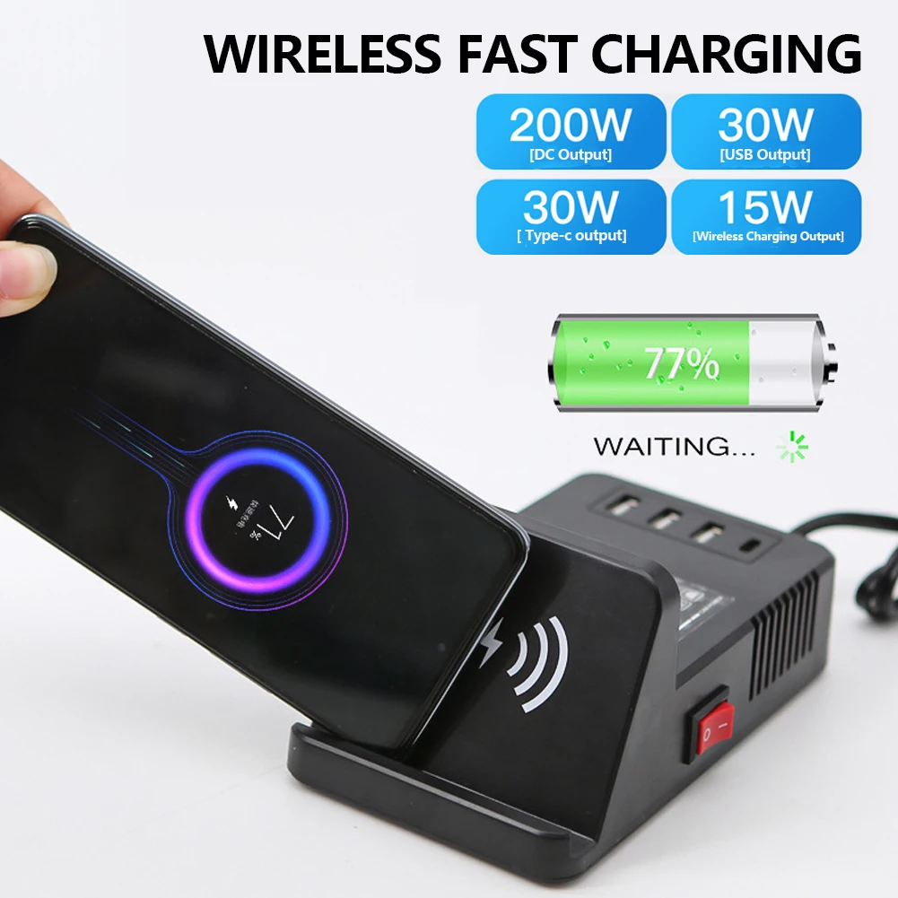 12V/24V에서 220V로 변환하는 차량용 파워 인버터 다중 USB 타입 C 포트 무선 충전 200W 출력 자동차 차량 충전 어댑터