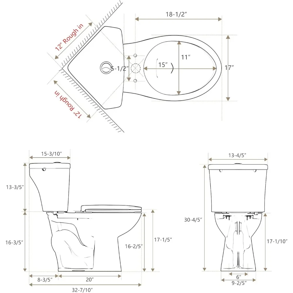 Long Corner Toilet, Compact 17.2 Inch High Toilet with Comfortable Height Toilet Bowl and Double Flush Tank for Small Bathroom 2