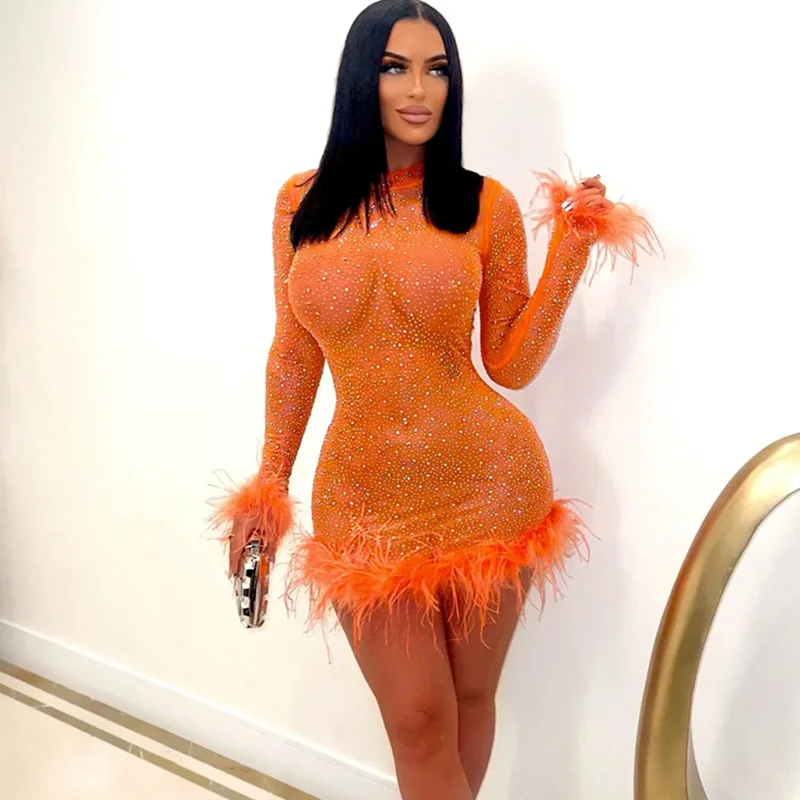 

Sexy Mesh Sheer Sparkly Rhinestone Mini Dress for Women Long Sleeve Feathers Night Party Club Birthday Dresses Vestidos De Noche