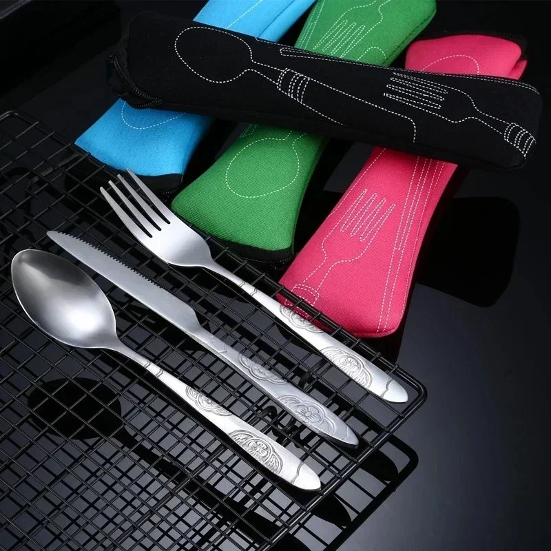 Portable Stainless Steel Western Style Steak Knife Fork Spoon Complete Set of Tableware for Home Use Outdoor Travel Cutlery 3Pcs