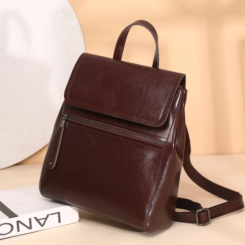 New Women 2023 Leather Backpack Fashion Pure Oil Wax Cowhide Retro Schoolbag For Teenage Gilrs Women
