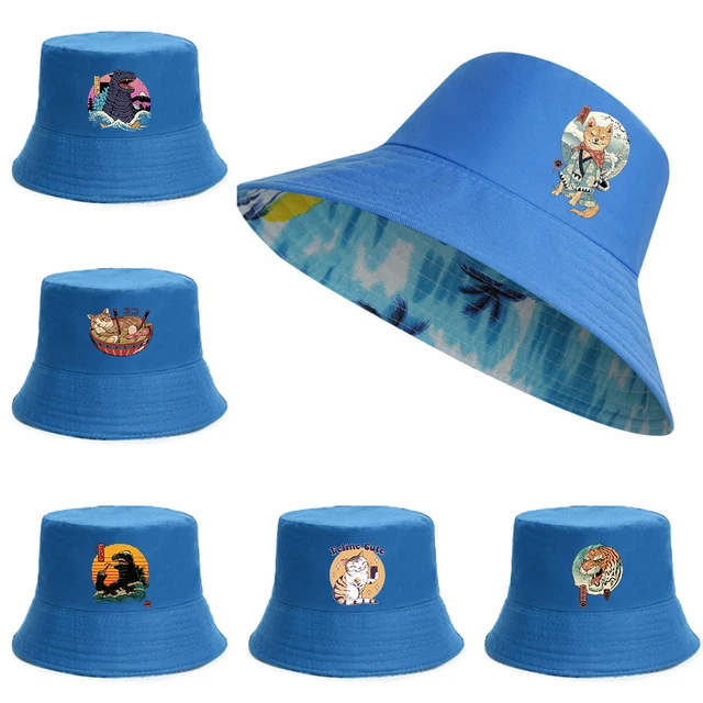 New Cotton Outdoor Reversible Fisherman Caps Fashion Japan Cat Print Bucket  Hats Men Women Beach Fishing