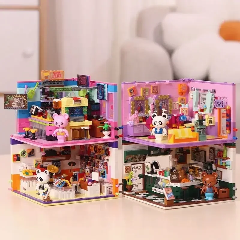 Mini City Street View Coffee Shop Bar Hair Salon Blocks Bricks Creative 3D Puzzle Room Model Toys Friends Children Birthday Gift