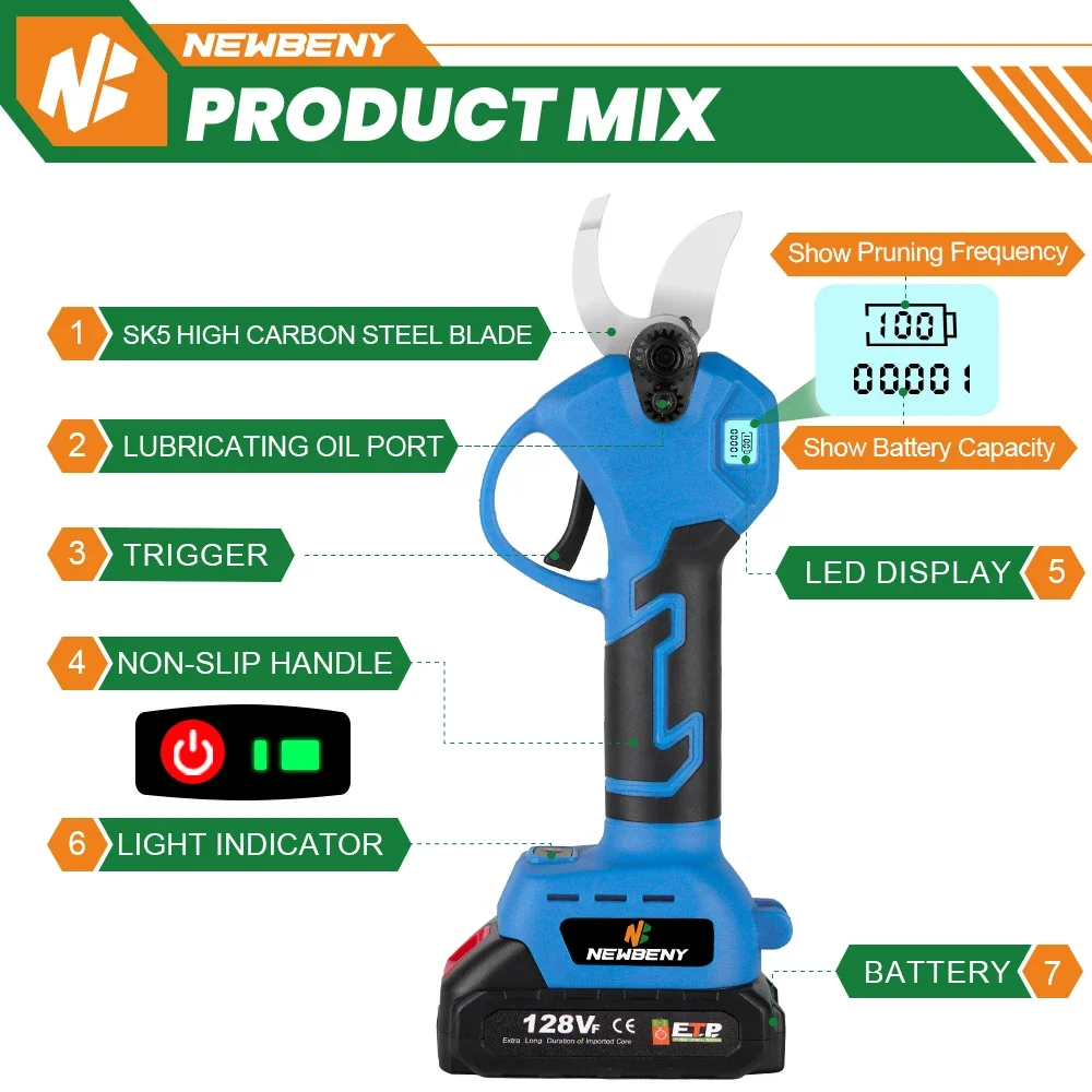 NewBeny 30mm Brushless Electric Pruning Shears 2 Gears Efficient Cordless Fruit Tree Bonsai Garden Tools For Makita 18V Battery 3