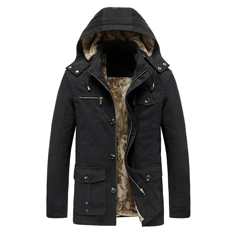 Men's hooded jacket autumn and winter medium length plush and thick insulation lamb wool cotton jacket