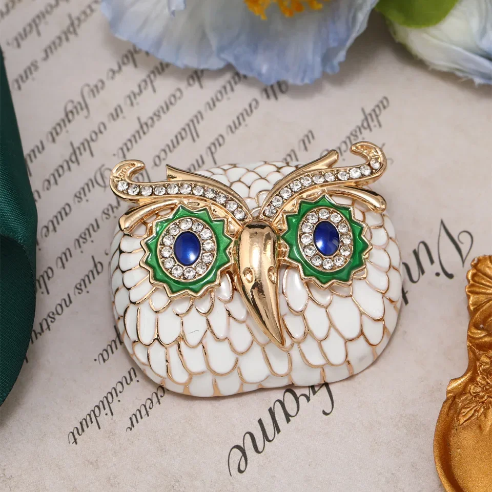 

2pcs White Enamel Owl Brooches Dark Blue Crystal Eyes Nocturnal Animal Brooch for Women Inlaid Rhinestone Clothing Jewelry Gift