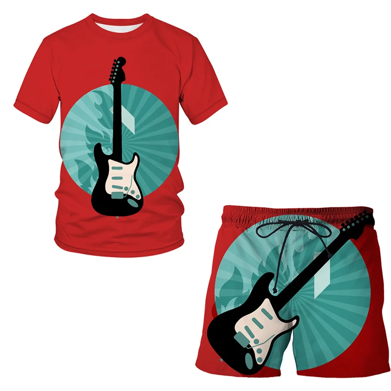 

Men's Sports Suit T-shirt + Shorts Workout Clothes 2-piece Set Musical instrument guitar 3D Solid Color Printing Streetwear