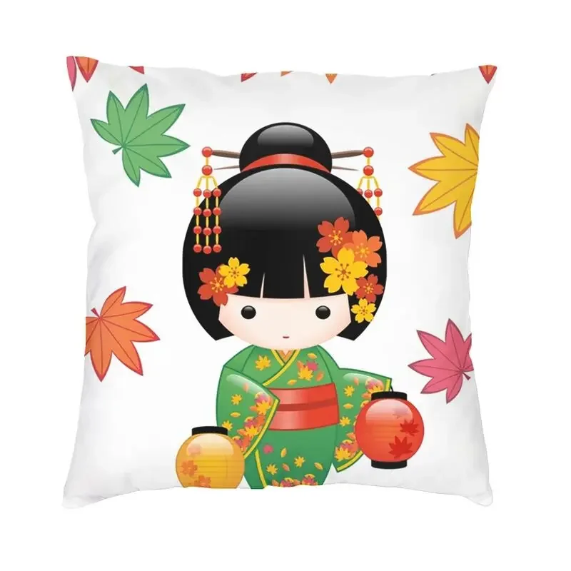 

Japanese Fall Kokeshi Doll Cushion Cover Two Side 3D Printing Cute Girly Geisha Floor Pillow Case for Sofa Custom Pillowcase