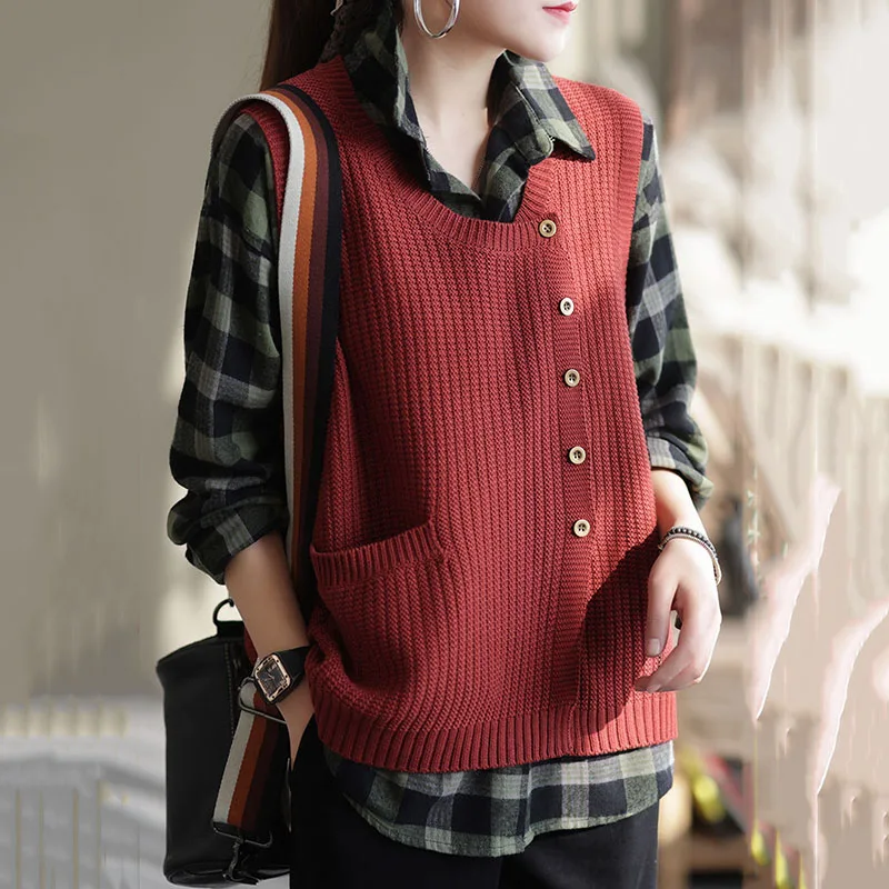 

New Fashion Female Vintage Sweater Vest coat Spring Autumn Women Sleeveless Knitwear Cardigans O-Neck Casual Sweaters Waistcoat