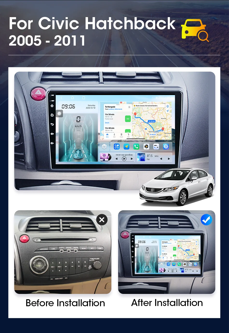 Drahtlose Carplay Android Auto Radio Für Honda Civic Fließheck 2006-2011 Android Auto 2Din Multimedia Player Navigation Kopf Einheit – Detail 4