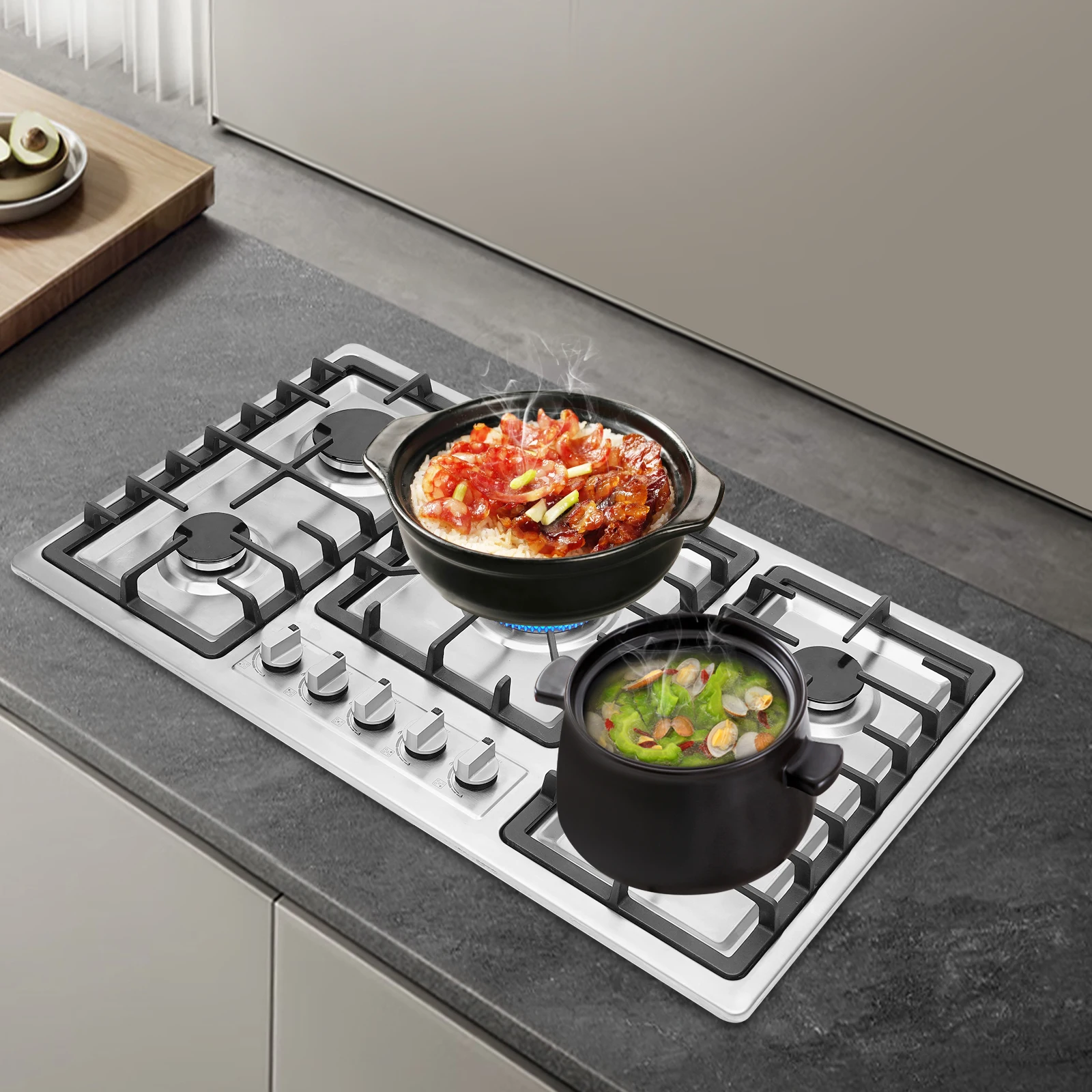 5-Burner Gas Cooktop Scratch Resistance Stainless Steel Gas Stove Simple Control for Home Kitchens/Restaurants/Hotels 2