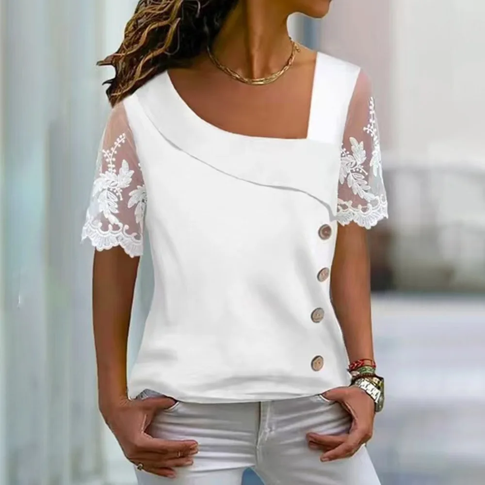 

Women's Summer New Short Sleeved Lace Sleeve Button Comfortable Versatile Top Fashion Blouses 2024 White Blusas Y Camisas Femme