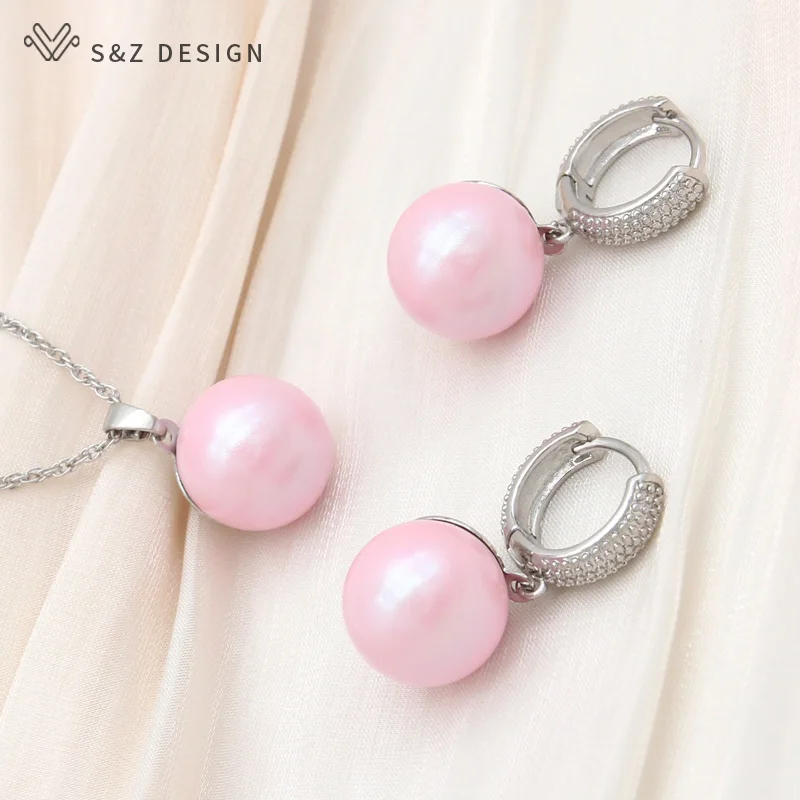 S&Z DESIGN New Fashion Round Colorful Imitation Pearl Drop Earrings Jewelry Sets For Women 585 Rose Gold Color Pendant Necklace