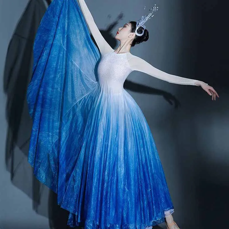 

Stage Classical Dancer Performance Costumes Women Practice Dance Clothes Chinese Style Folk Gradient Blue Dance Plus Size 3XL