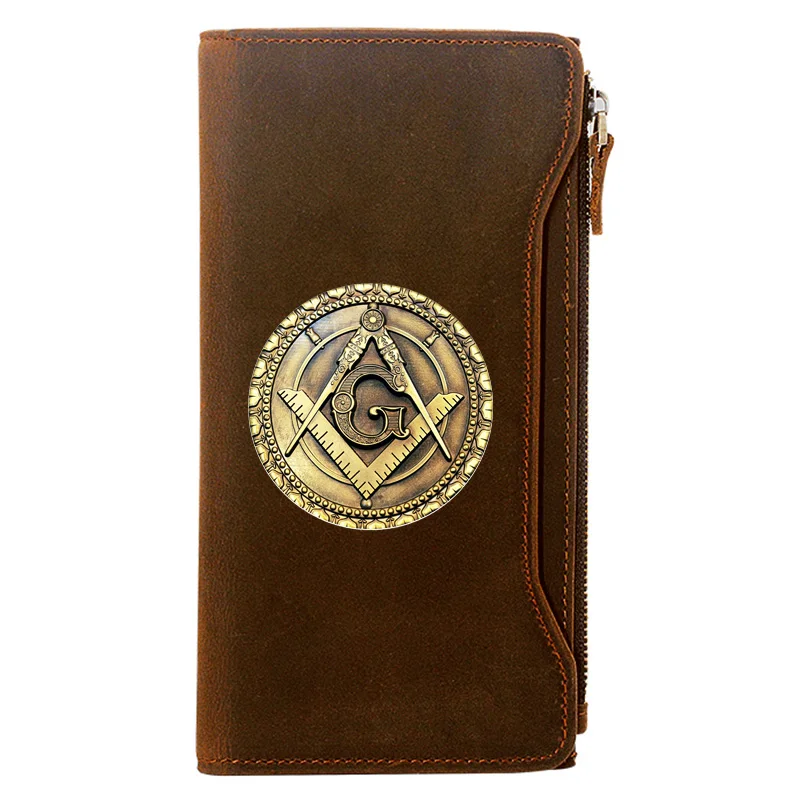 Vintage Master Mason Symbol Printing Men Long Wallets Zipper Large Capacity Genuine Leather Male Purse Clutch Bag BI1227