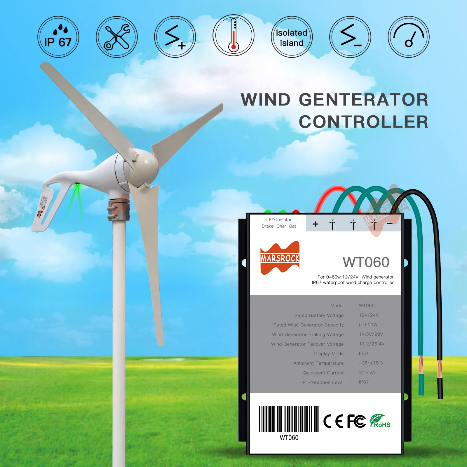 600W Wind PWM Controller 12 24V Auto DC Wind Power Charger For Turbine Generator Regulator Windmill IP67 System