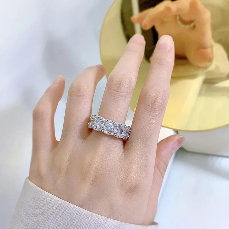 EWYA S925 Sterling Silver Engagement Zircon Rings High Carbon Diamond Row Ring For Women's Fine Jewelry Wedding Band Party Gift