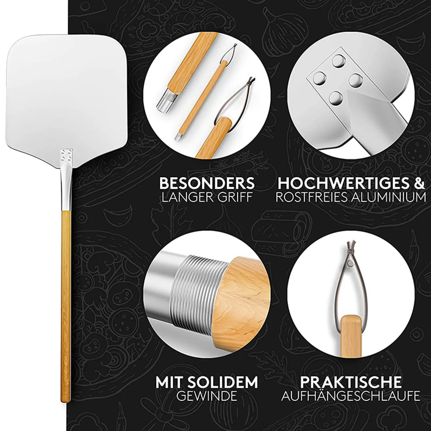 

Толкатель для пиццы, пиццы из нержавеющей стали (90 см)-практичная и прочная нить, подъемник для пиццы с закругленными краями