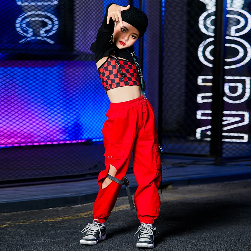 Hip Hop Dance Clothing For Girls Black Crop Tops Red Pants Street Dance Outfits Jazz Modern Stage Costumes DQS8761