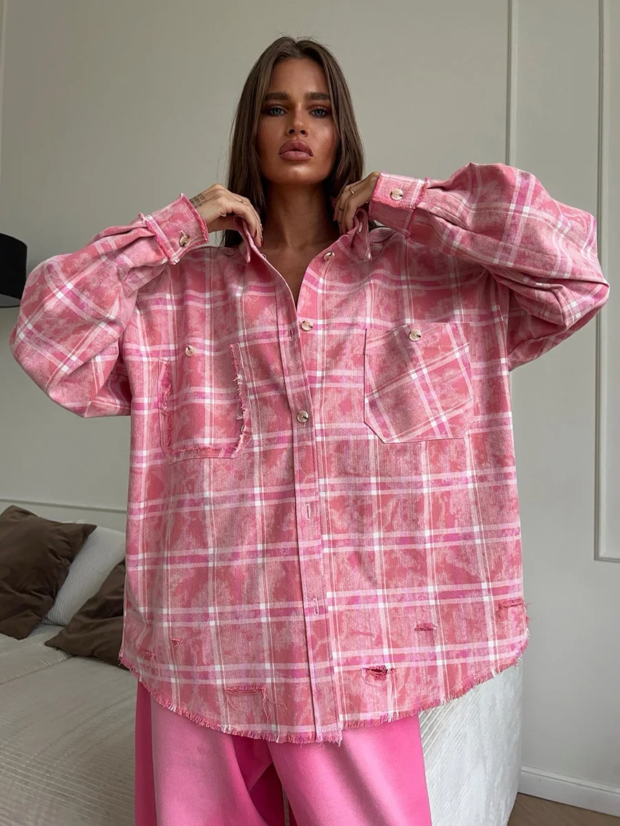 Bornladies 2025 Spring Summer New Fashion Pink Plaid Pocket Shirt Women's Retro Checkered Loose Casual Long Sleeves Coat Shirt