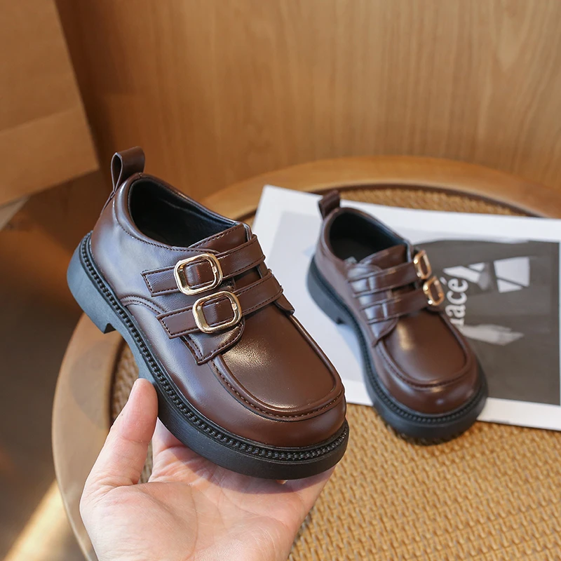 Children Leather Shoes Buckle Solid Color School Spring Kids Flat Shoe 23-36 Unisex Fashion Round Toe Flexiable Boys Girls Shoe