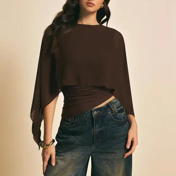 Cafe Brown Chiffon Cowl Sleeve Top Women round Neck Loose Cover Slim Fit Fake Two-Piece Commute Irregular T-Shirt
