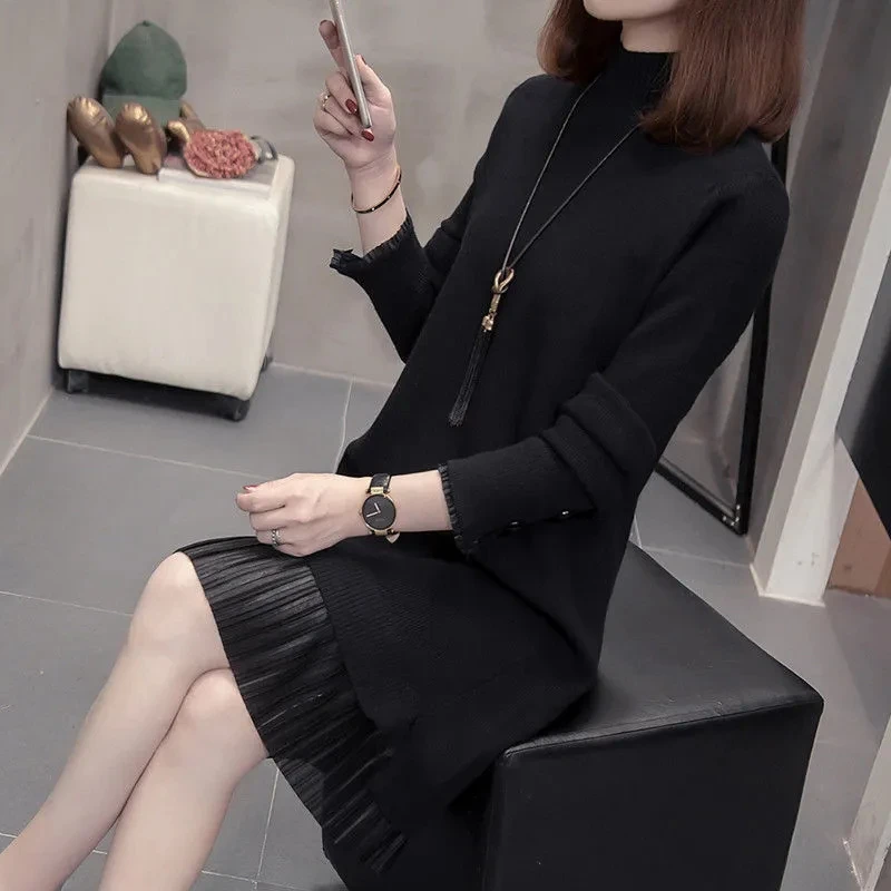 

2023 Autumn Winter Long Knit Sweater Pullover Women Half Turtleneck Long-Sleeve Tops Loose Thicken Jumper Black Beige Sweaters