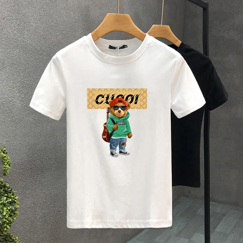 Guitar Bear Brand100% Cotton High Quality Print Couple Tees Summer Haruku For Men/Women Short Sleeve T-shirt Asian Size_voghion.com